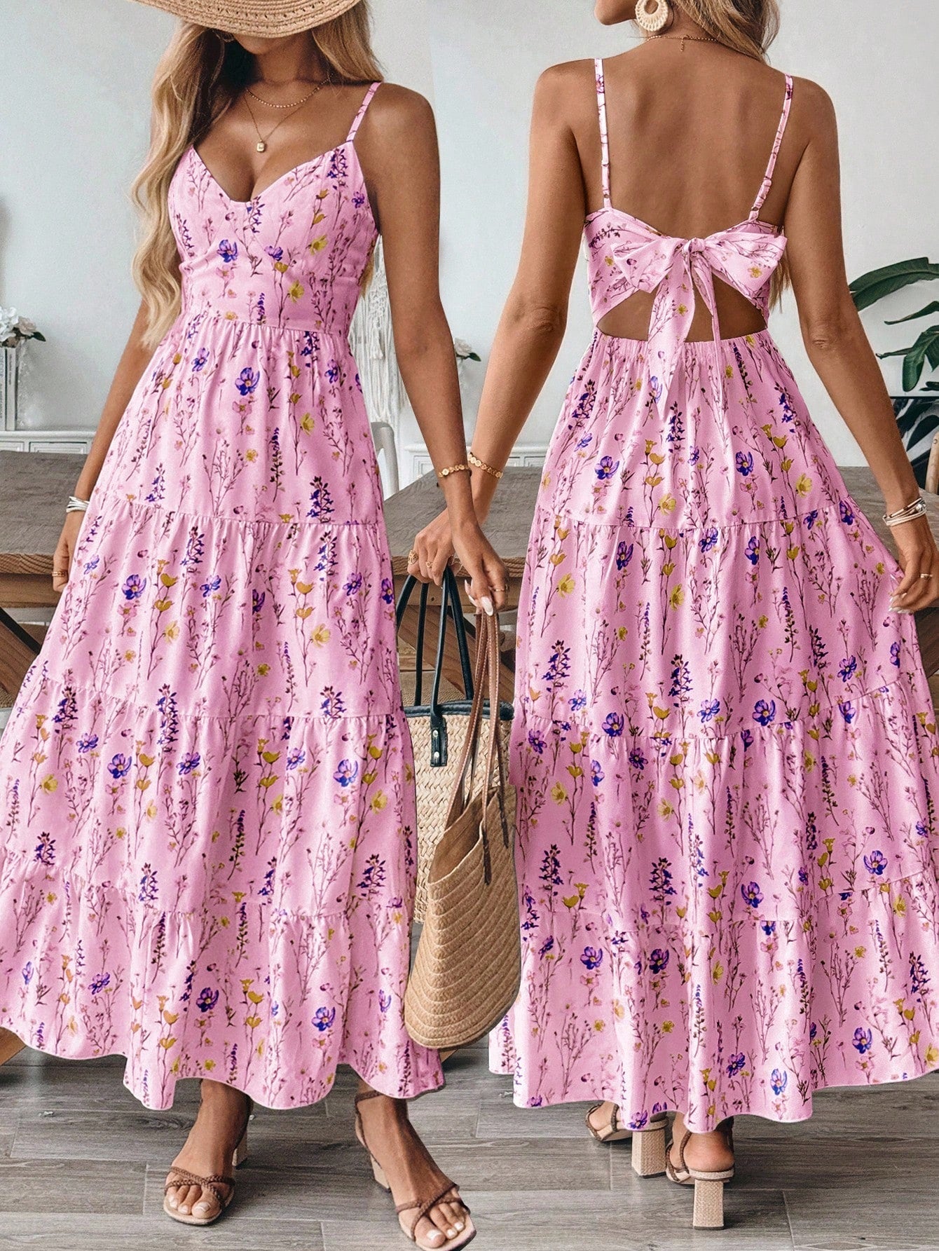 Vestido Longo De Alças Com Estampa Floral E Laço Nas Costas