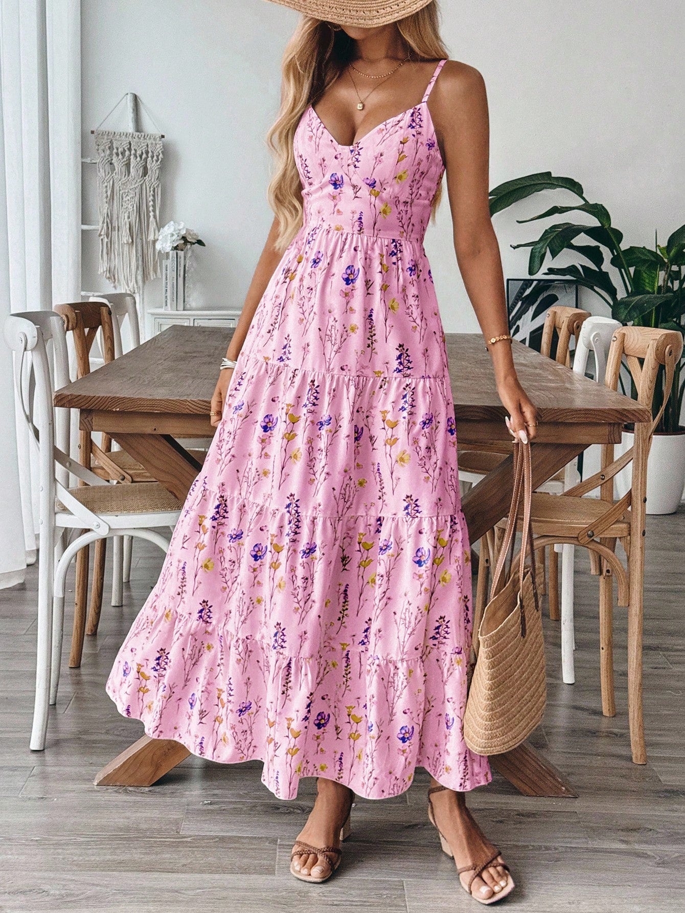 Vestido Longo De Alças Com Estampa Floral E Laço Nas Costas