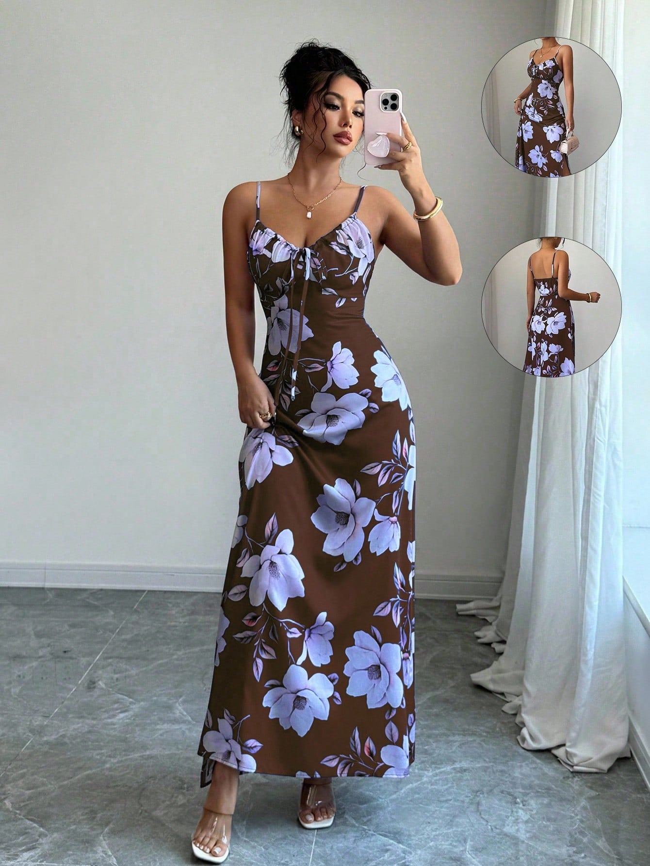Vestido Longo De Alças Ajustáveis Estampado Floral Elegante