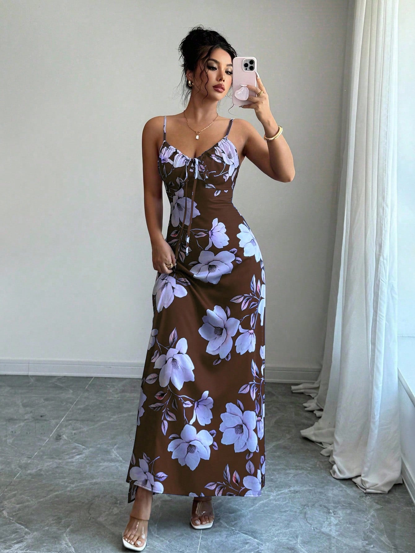 Vestido Longo De Alças Ajustáveis Estampado Floral Elegante