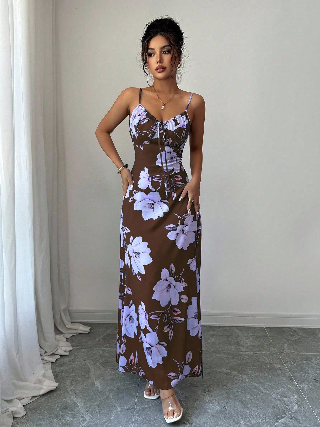 Vestido Longo De Alças Ajustáveis Estampado Floral Elegante