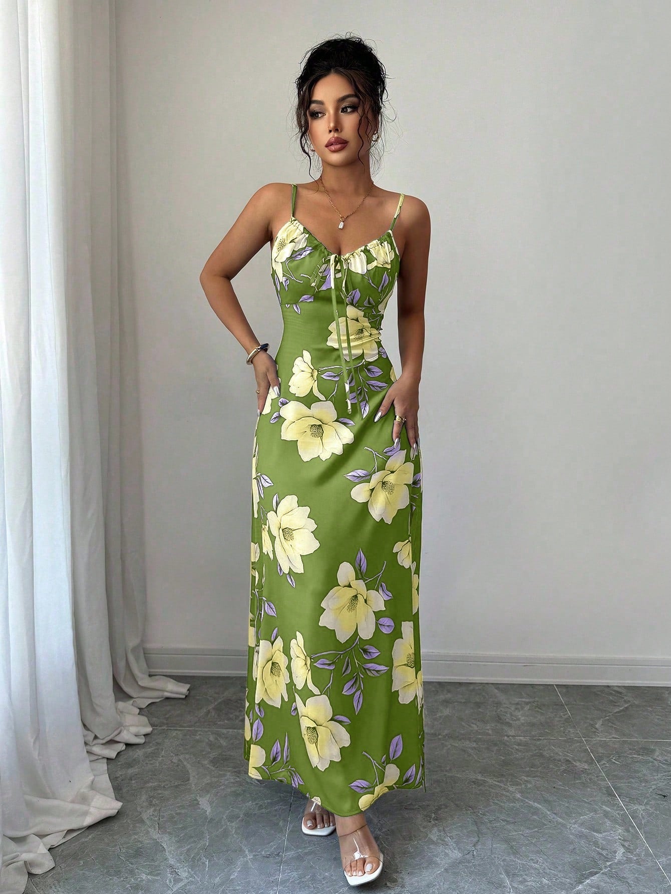 Vestido Longo De Alças Ajustáveis Estampado Floral Elegante
