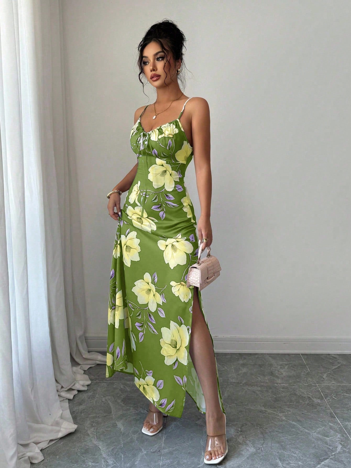 Vestido Longo De Alças Ajustáveis Estampado Floral Elegante