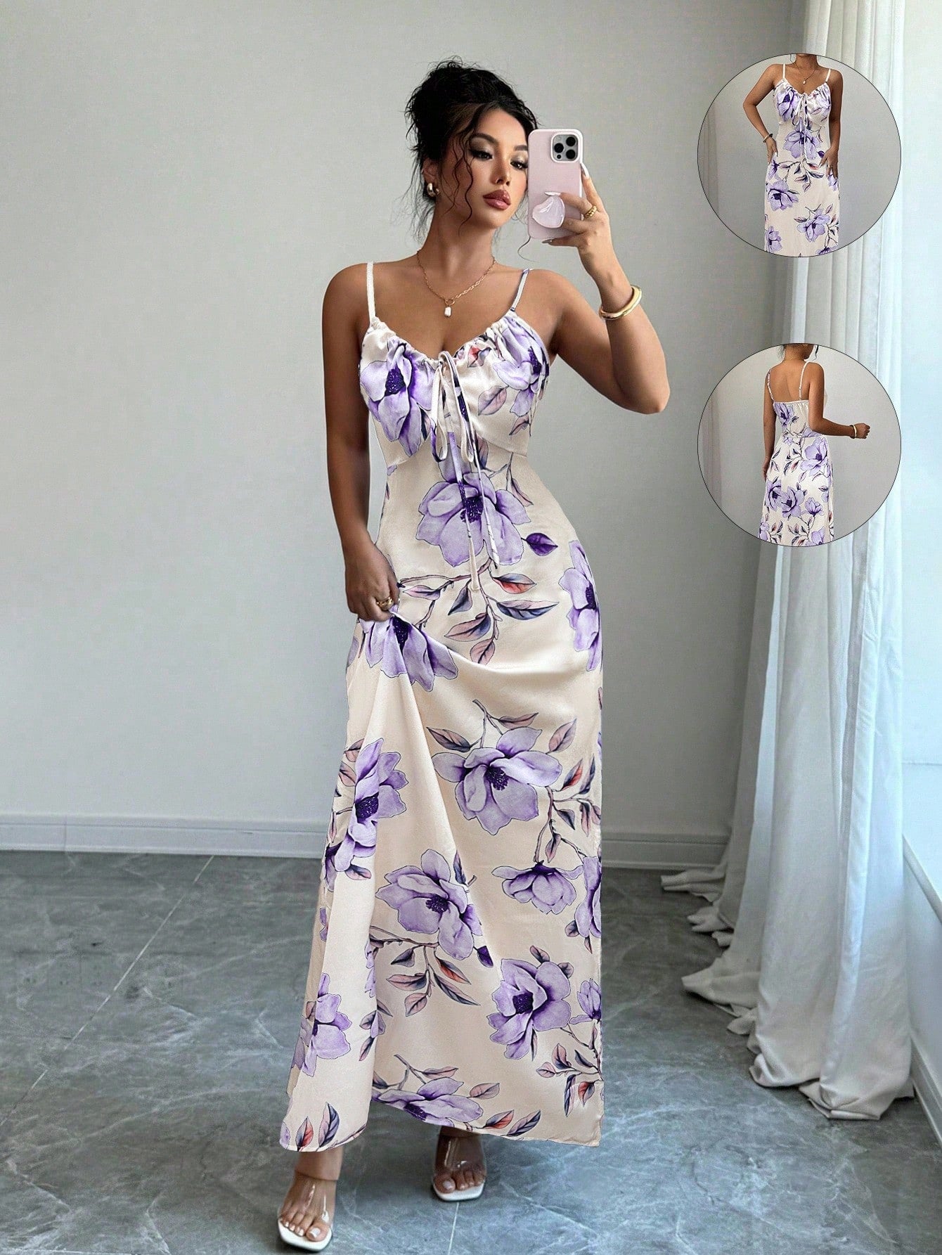 Vestido Longo De Alças Ajustáveis Estampado Floral Elegante