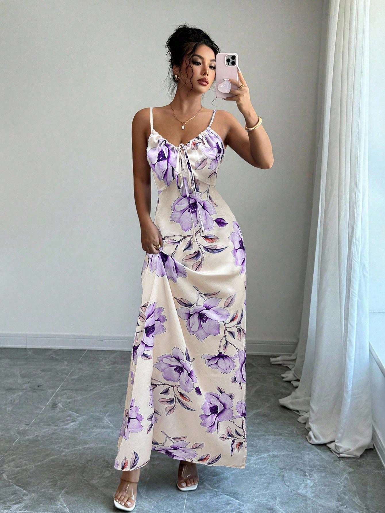 Vestido Longo De Alças Ajustáveis Estampado Floral Elegante