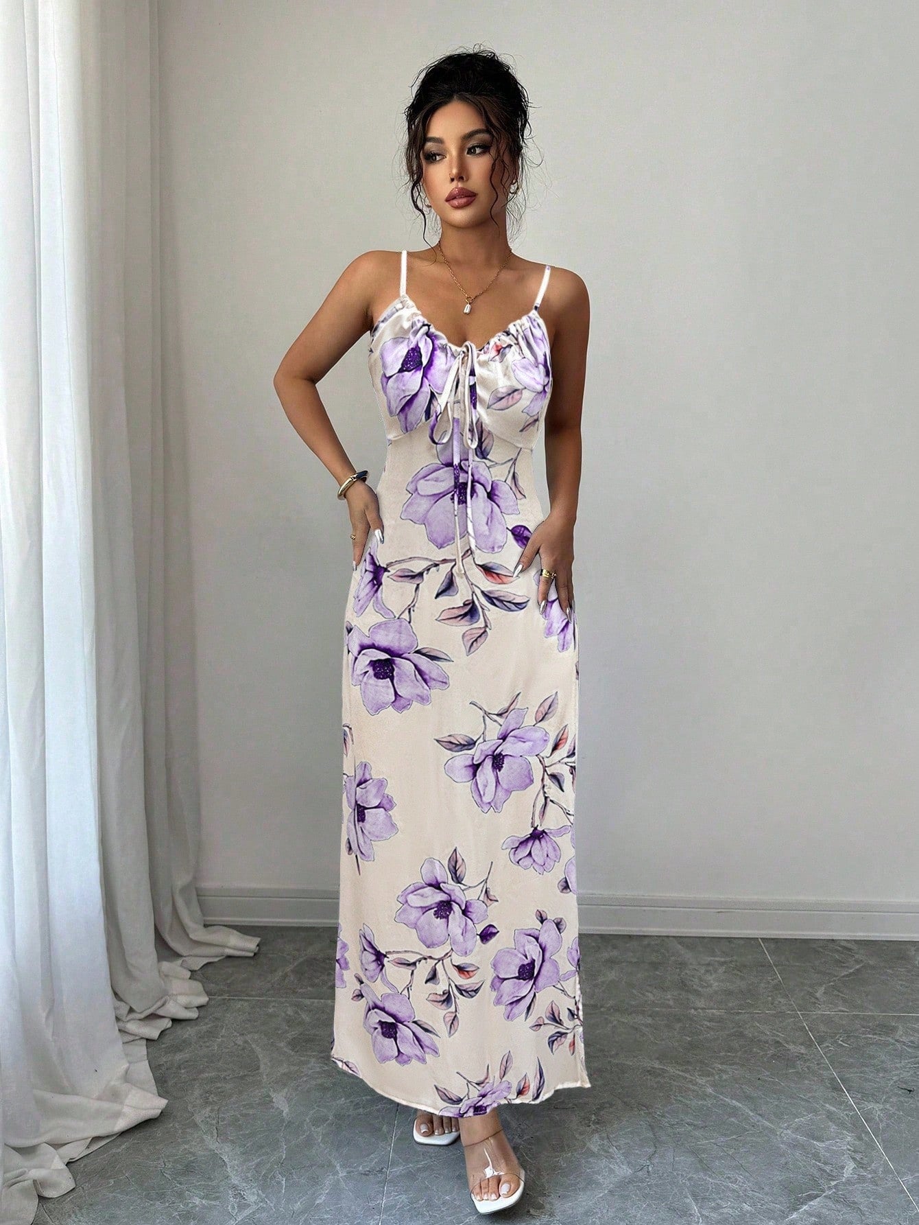 Vestido Longo De Alças Ajustáveis Estampado Floral Elegante