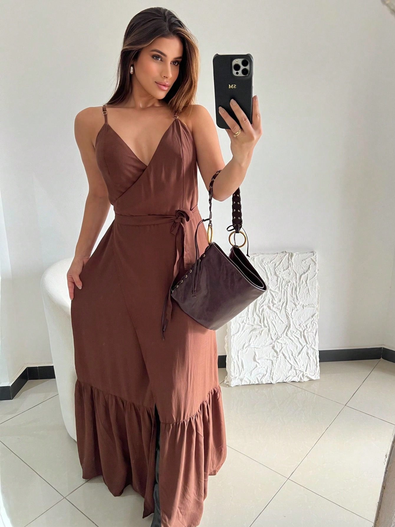 Vestido Longo Transpassado Com Fenda E Amarração Na Cintura