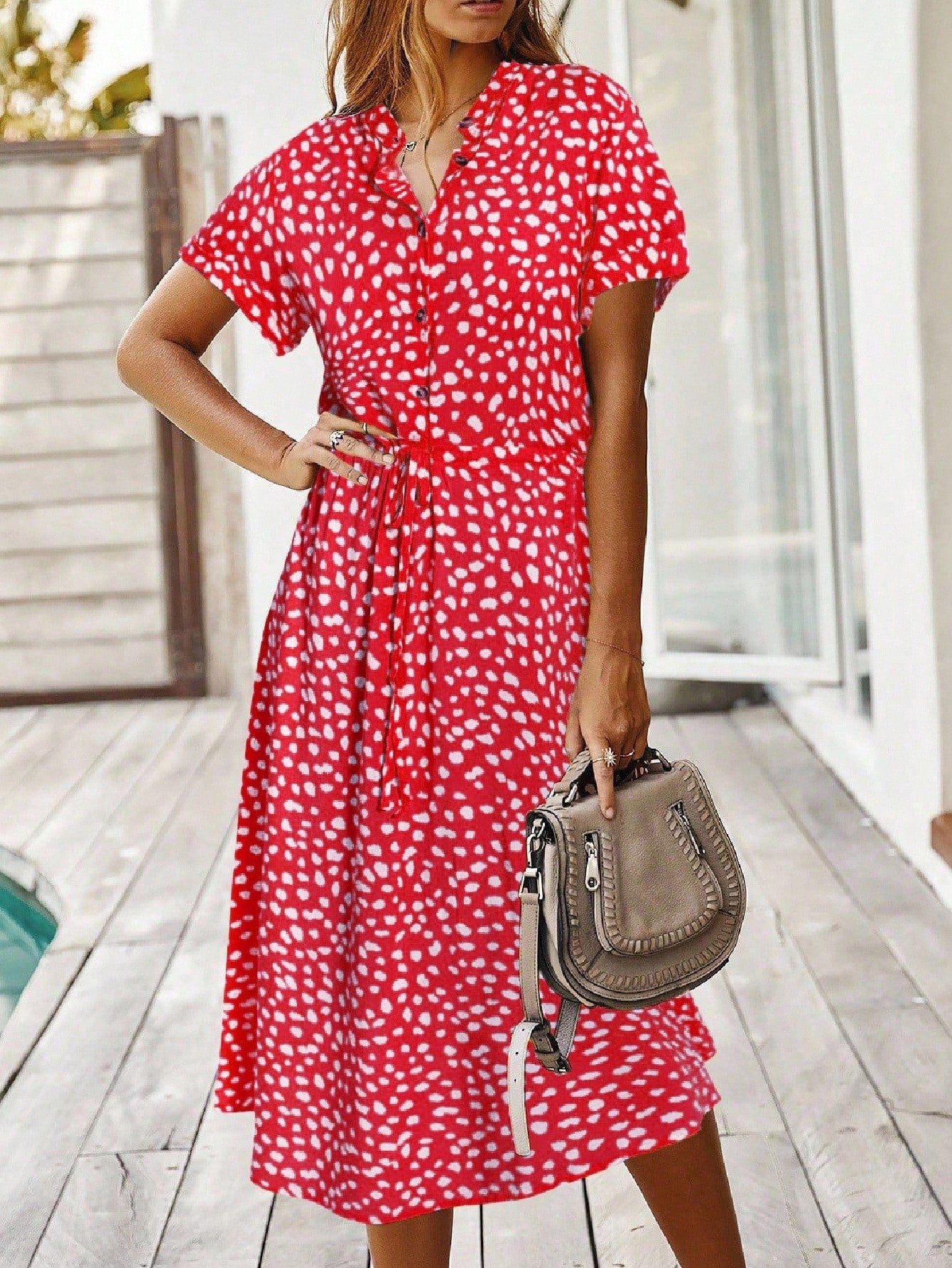 Vestido Midi Chemise Feminino Com Manga Curta