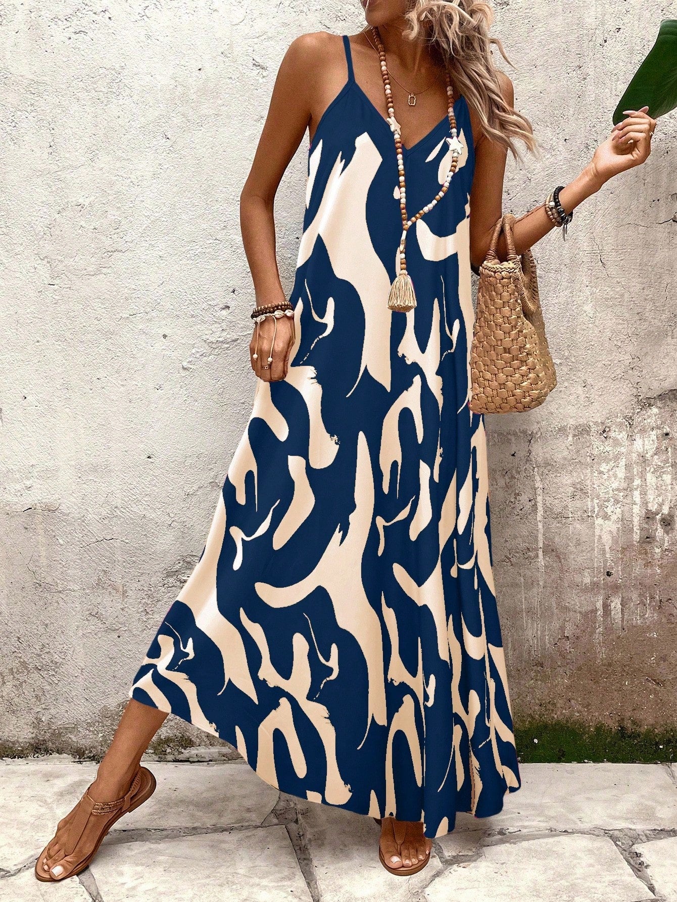 Vestido Longo Estampado Soltinho Com Alças Finas