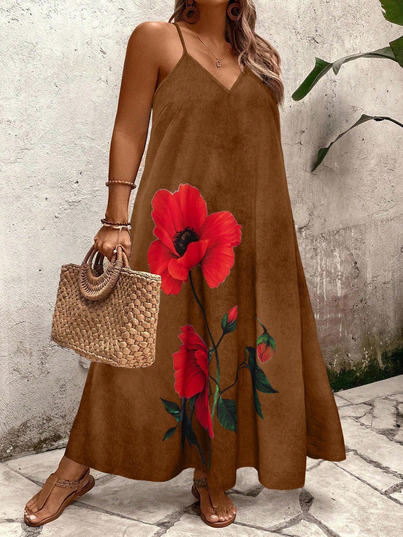 Vestido Longo Estampado Floral Alças Finas Estilo Boho