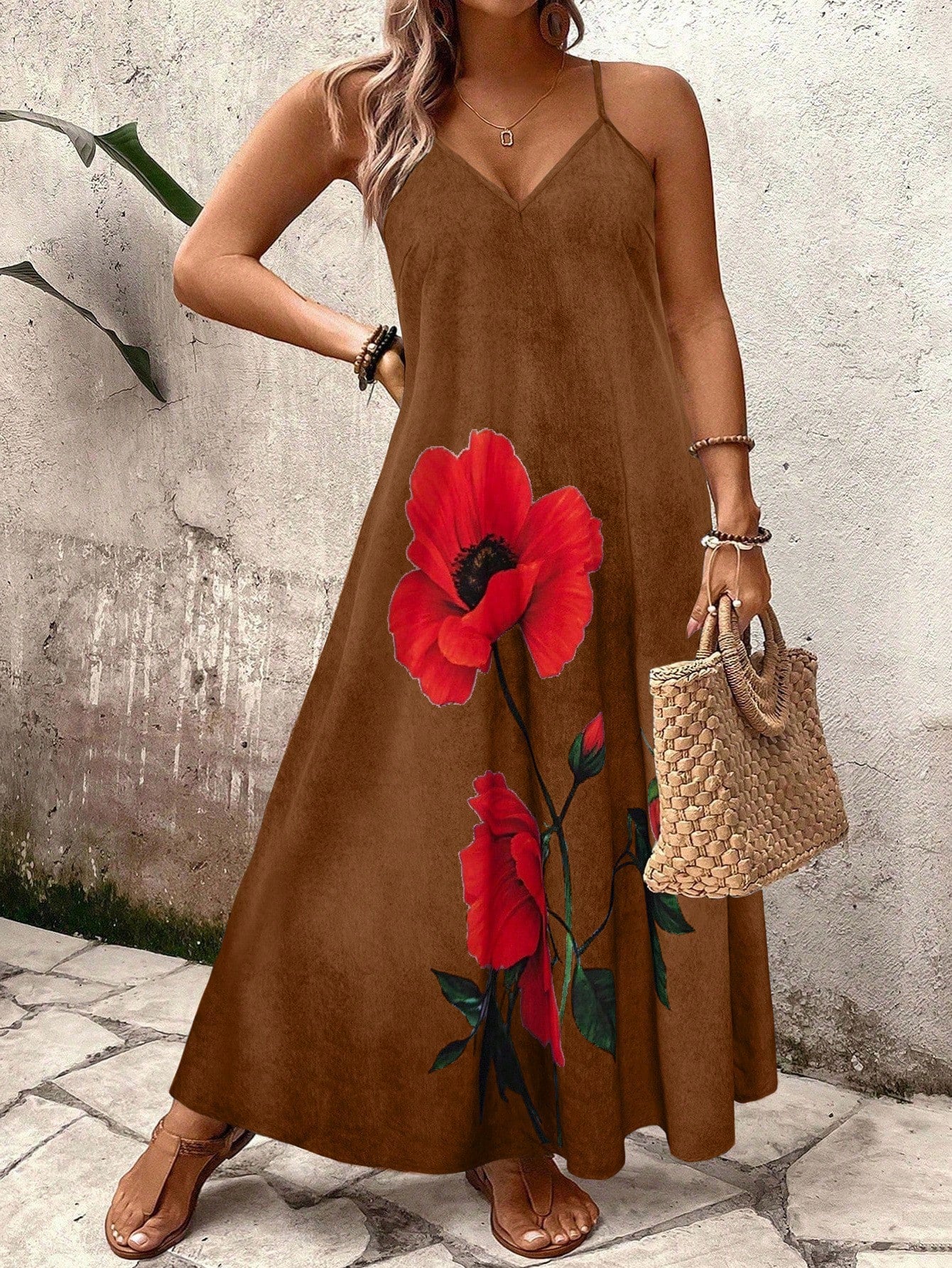Vestido Longo Estampado Floral Alças Finas Estilo Boho