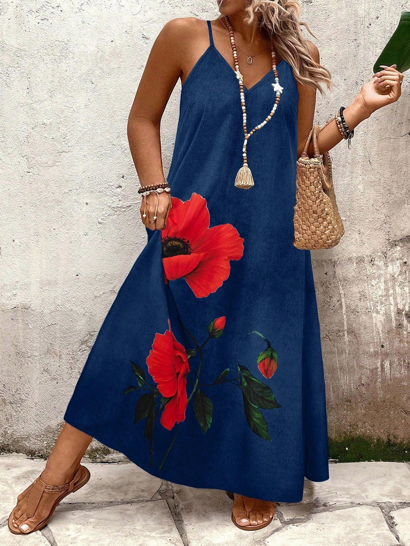 Vestido Longo Estampado Floral Alças Finas Estilo Boho