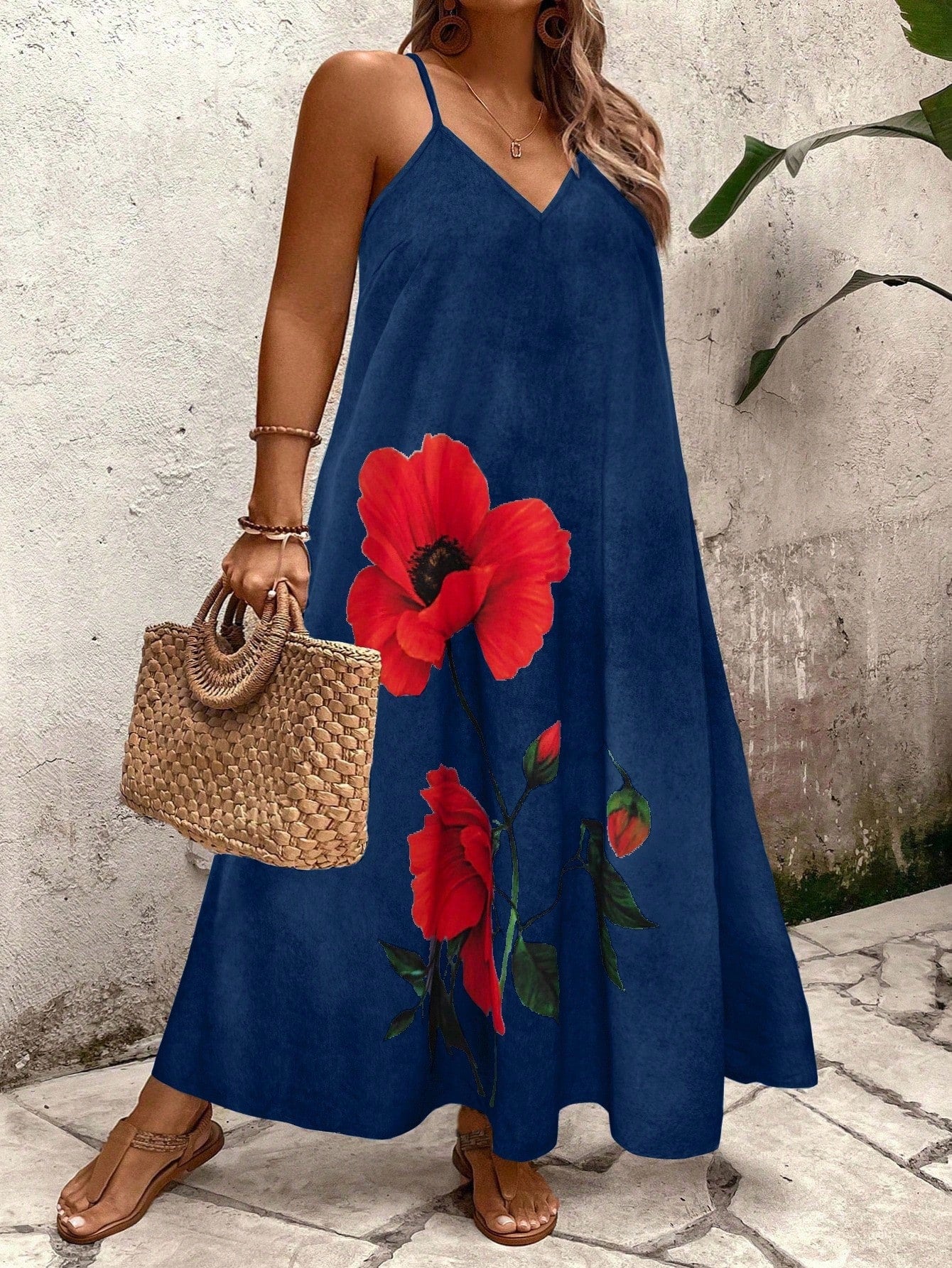 Vestido Longo Estampado Floral Alças Finas Estilo Boho