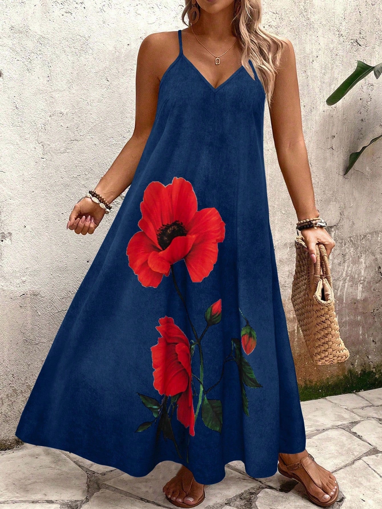 Vestido Longo Estampado Floral Alças Finas Estilo Boho