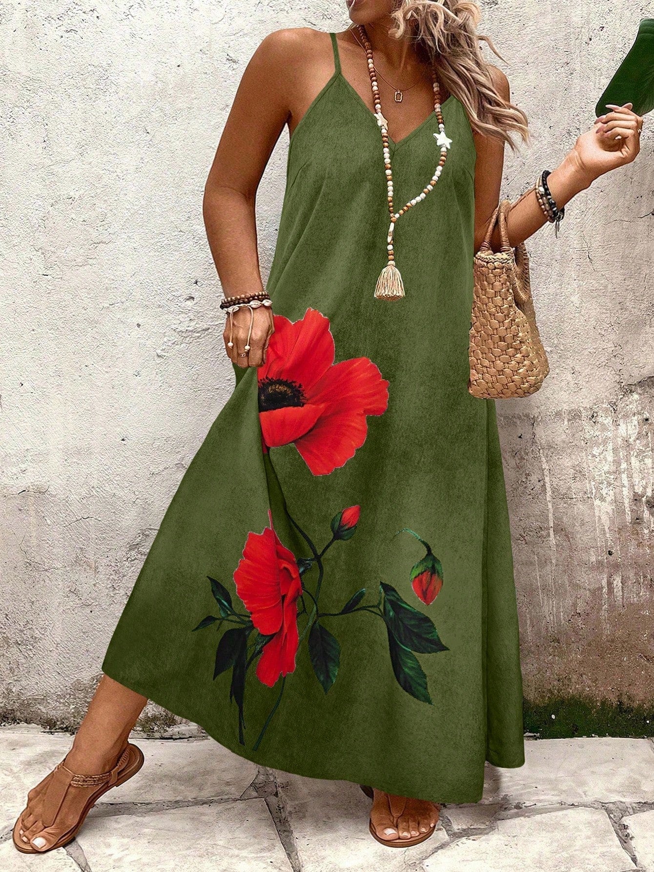 Vestido Longo Estampado Floral Alças Finas Estilo Boho