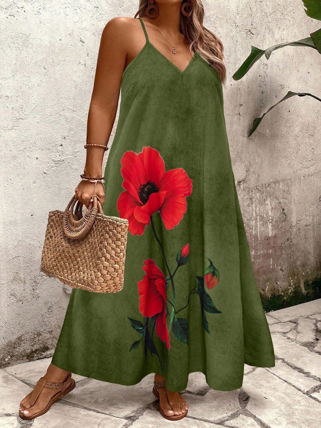 Vestido Longo Estampado Floral Alças Finas Estilo Boho