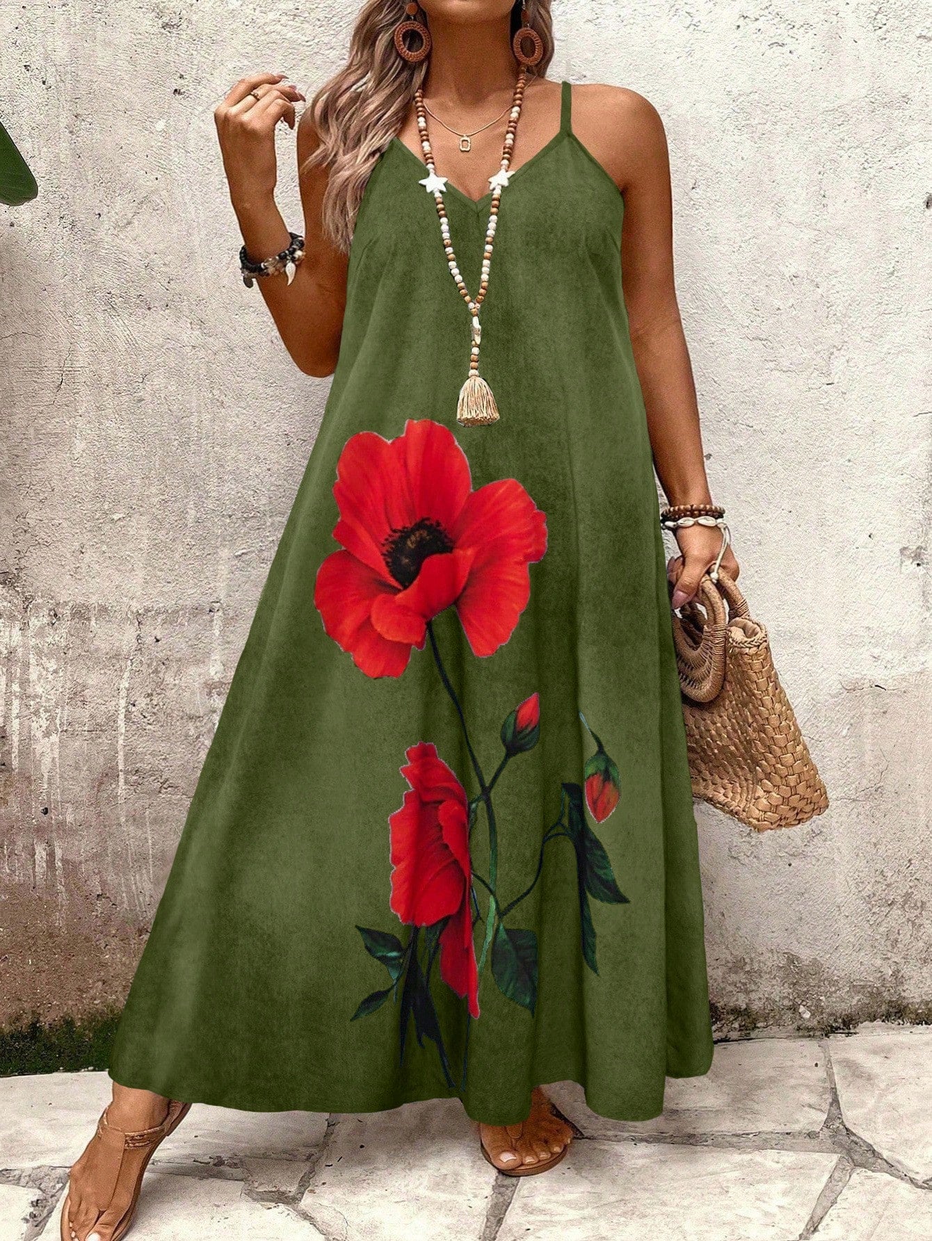 Vestido Longo Estampado Floral Alças Finas Estilo Boho