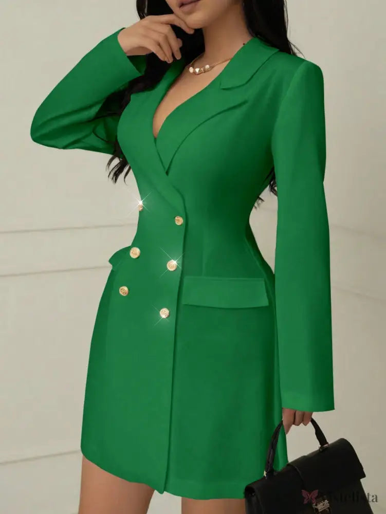 Vestido Blazer Curto Alfaiataria Manga Longa Com Botões Verde / PP Vestido Blazer Curto Alfaiataria Manga Longa Com