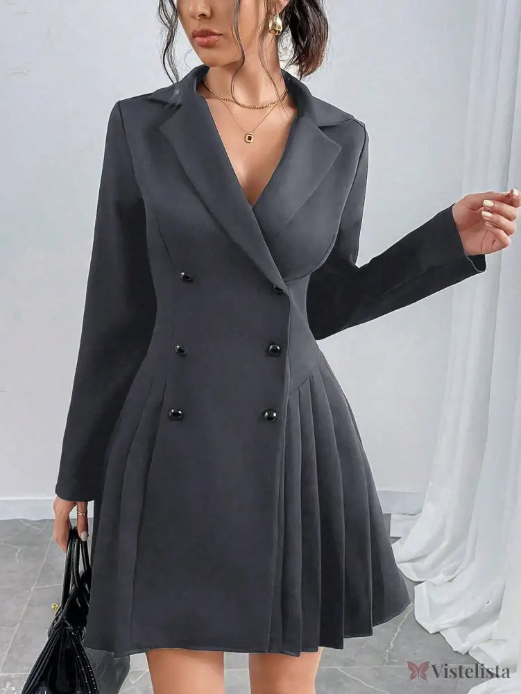 Vestido Blazer Curto Alfaiataria Plissado Com Botões Vestido Blazer Curto Alfaiataria Plissado Com Botões