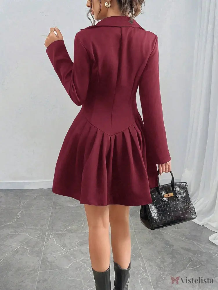 Vestido Blazer Curto Alfaiataria Plissado Com Botões Vestido Blazer Curto Alfaiataria Plissado Com Botões