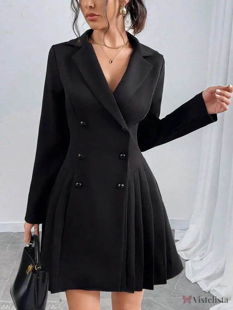 Vestido Blazer Curto Alfaiataria Plissado Com Botões Vestido Blazer Curto Alfaiataria Plissado Com Botões