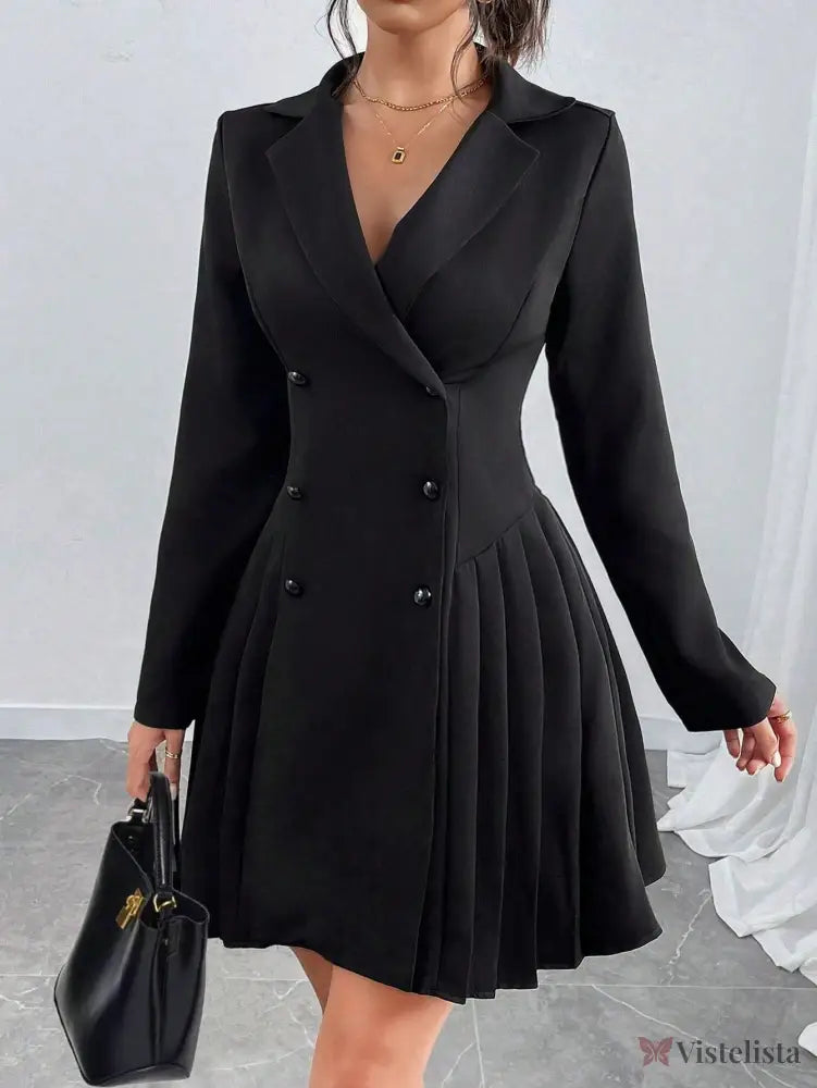 Vestido Blazer Curto Alfaiataria Plissado Com Botões Vestido Blazer Curto Alfaiataria Plissado Com Botões