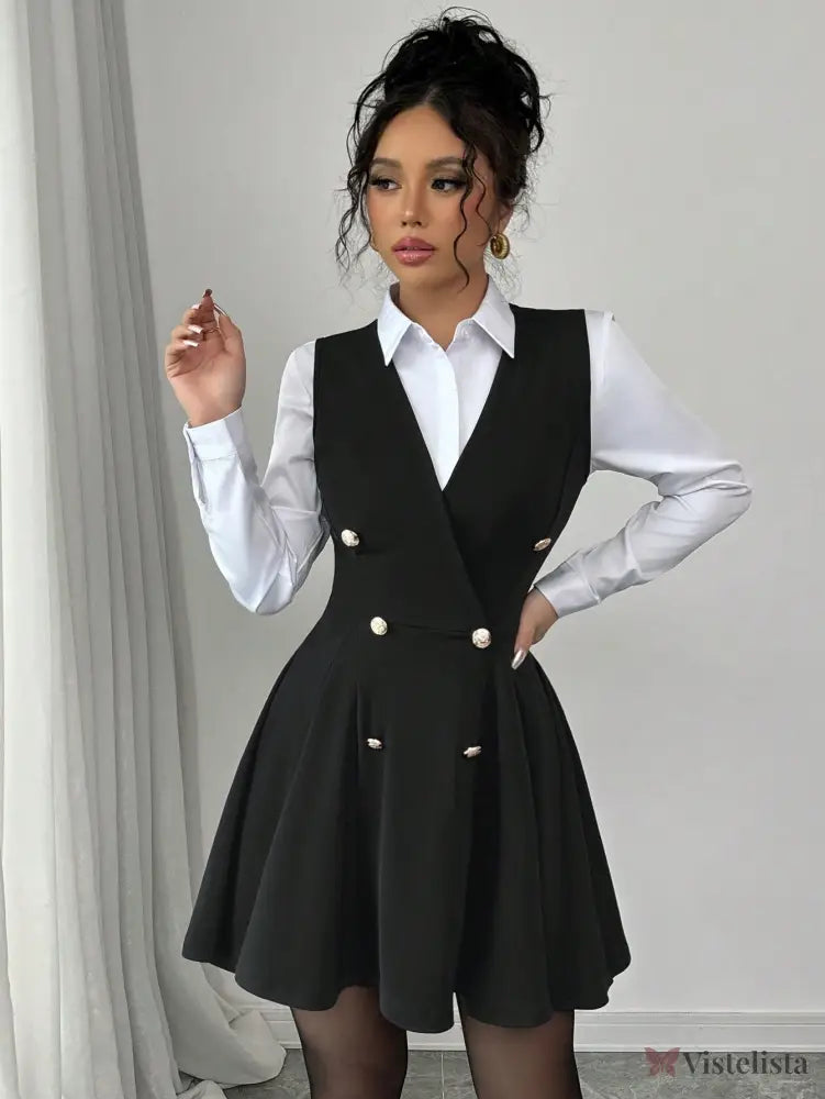 Vestido Blazer Curto Rodado Com Camisa Sobreposta Elegante Vestido Blazer Curto Rodado Com Camisa Sobreposta Elegante