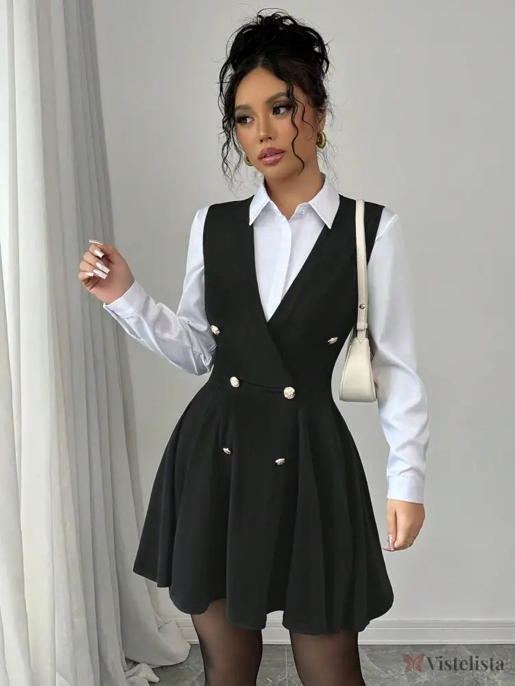 Vestido Blazer Curto Rodado Com Camisa Sobreposta Elegante Vestido Blazer Curto Rodado Com Camisa Sobreposta Elegante