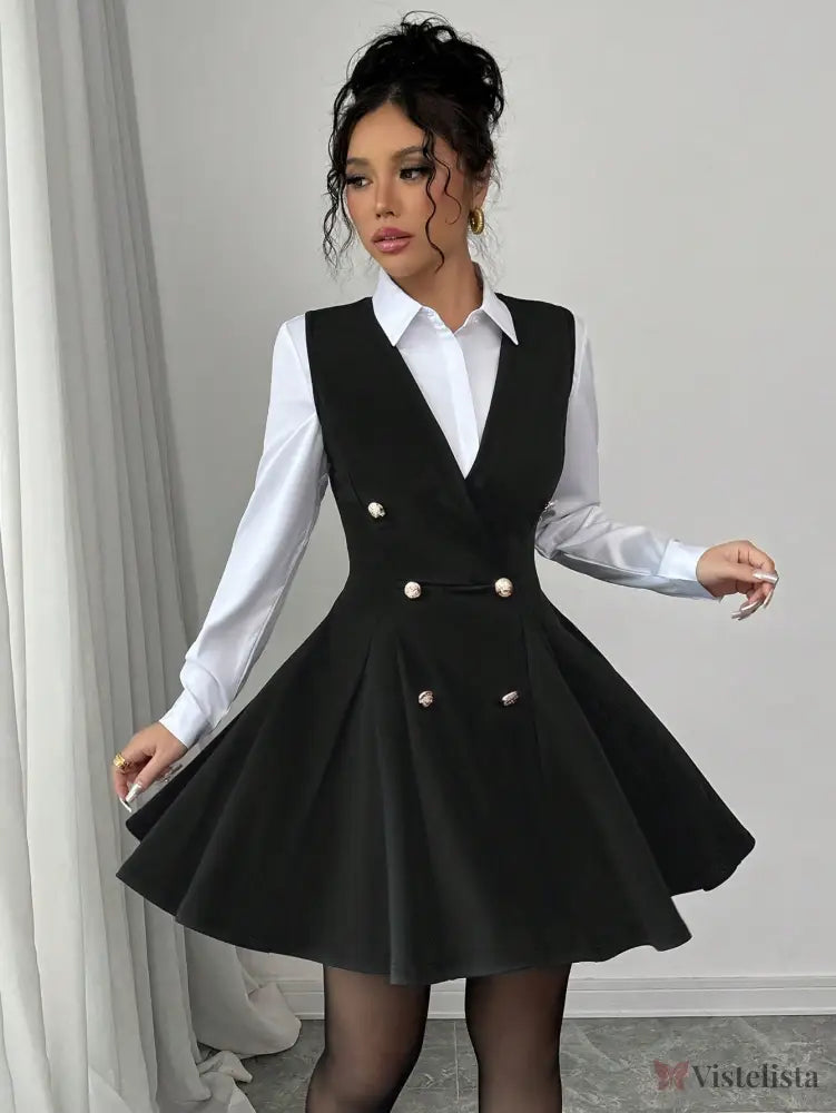 Vestido Blazer Curto Rodado Com Camisa Sobreposta Elegante Vestido Blazer Curto Rodado Com Camisa Sobreposta Elegante