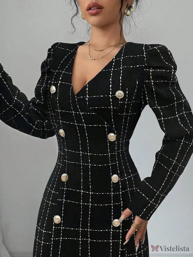Vestido Blazer Curto Xadrez Manga Longa Com Botões Vestido Blazer Curto Xadrez Manga Longa Com Botões