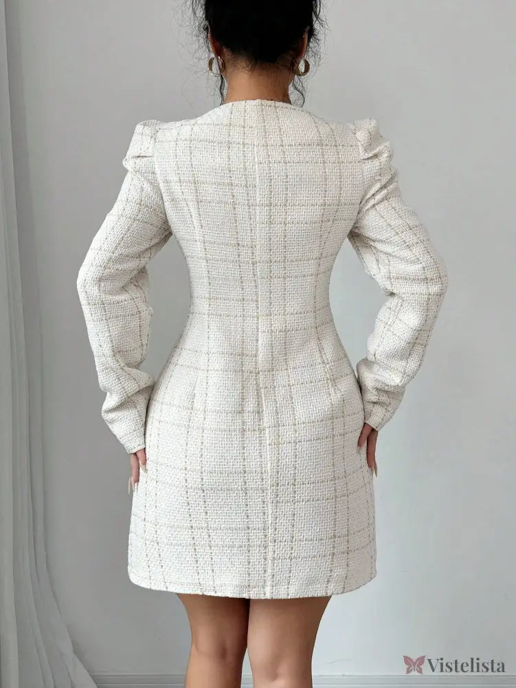 Vestido Blazer Curto Xadrez Manga Longa Com Botões Vestido Blazer Curto Xadrez Manga Longa Com Botões