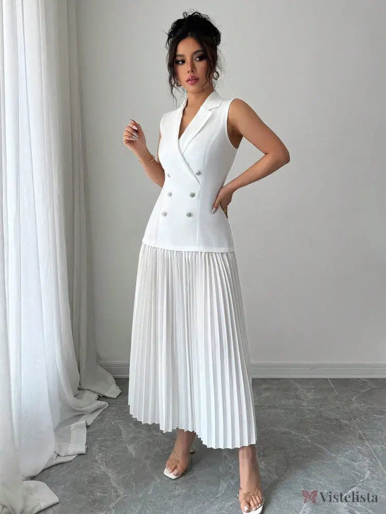 Vestido Blazer Longo Sem Manga Com Saia Plissada Elegante Vestido Blazer Longo Sem Manga Com Saia Plissada Elegante