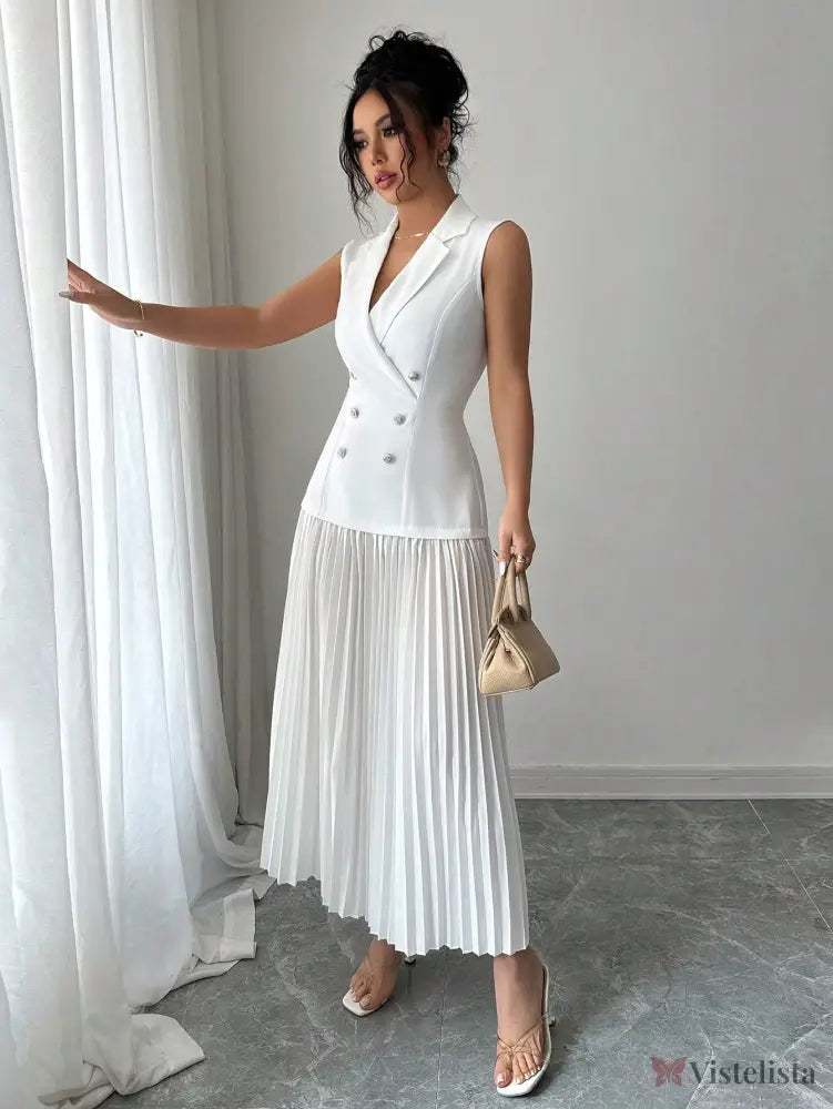Vestido Blazer Longo Sem Manga Com Saia Plissada Elegante Vestido Blazer Longo Sem Manga Com Saia Plissada Elegante