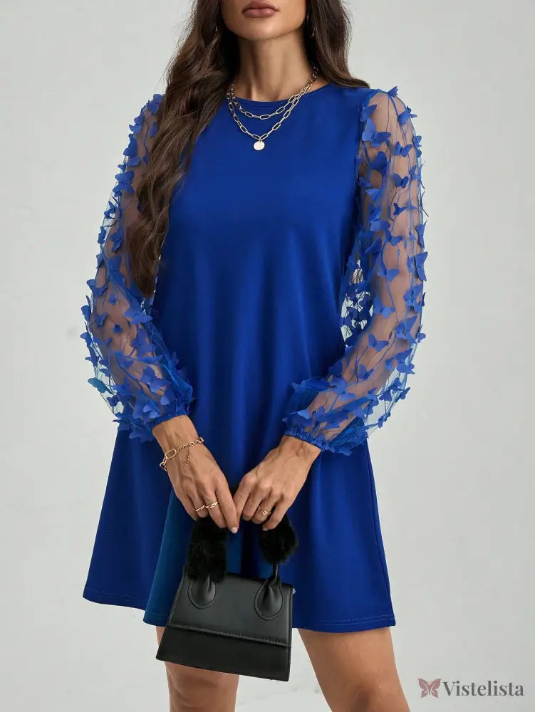Vestido Curto Azul Com Mangas Transparentes Bordadas Vestido Curto Azul Com Mangas Transparentes Bordadas
