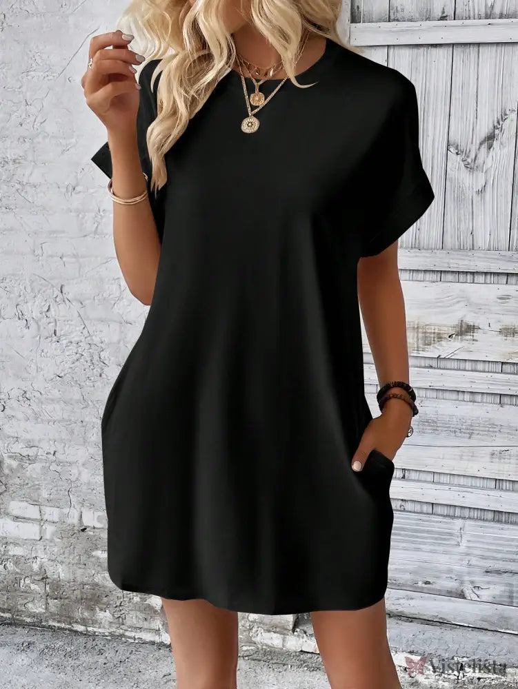 Vestido Curto Básico Verde Com Bolsos Laterais Vestido Curto Básico Verde Com Bolsos Laterais