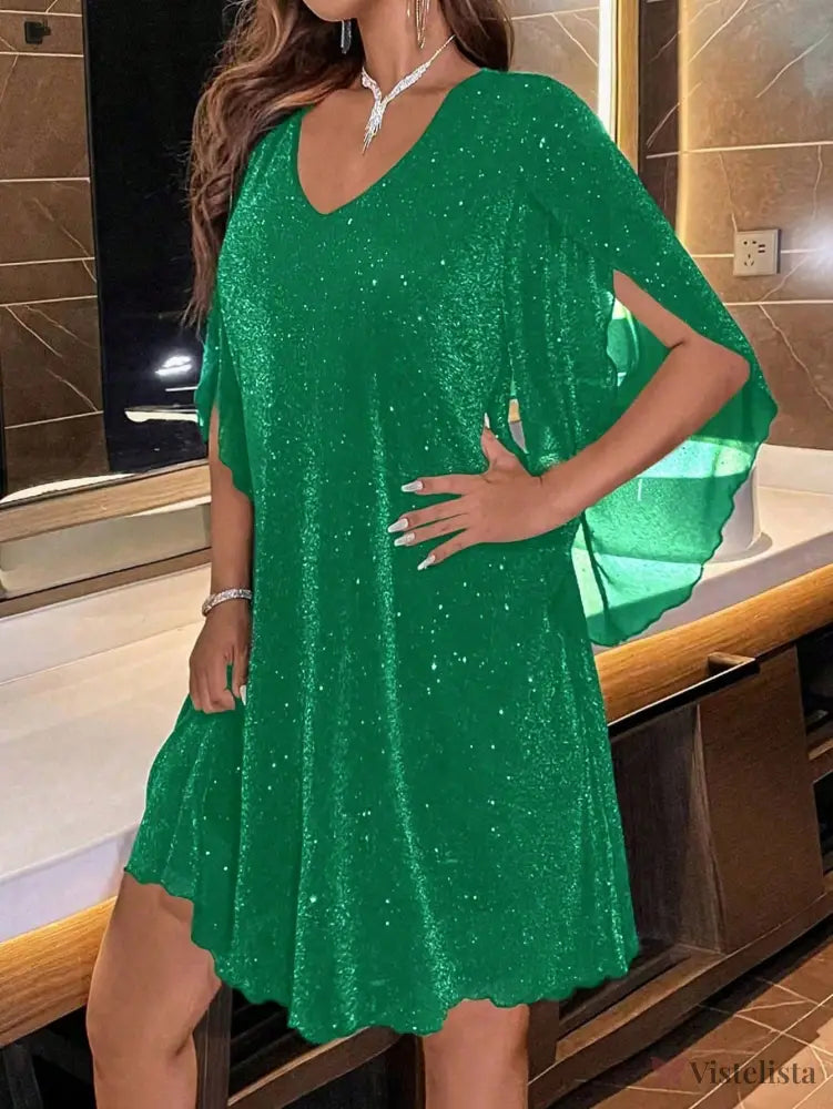 Vestido Curto Brilho Decote V Com Manga Solta Elegante Vestido Curto Brilho Decote V Com Manga Solta Elegante