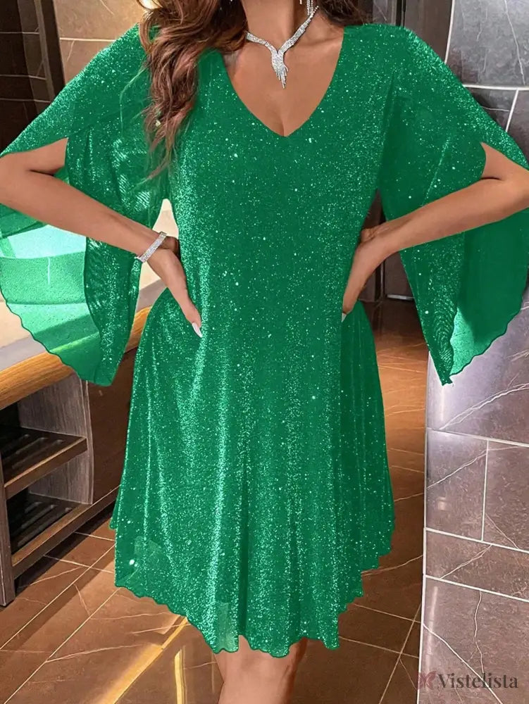 Vestido Curto Brilho Decote V Com Manga Solta Elegante Vestido Curto Brilho Decote V Com Manga Solta Elegante