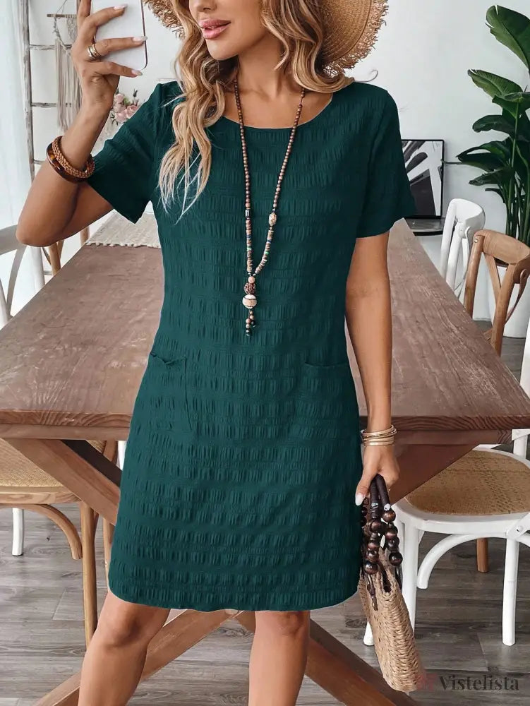 Vestido Curto Casual Texturizado Com Bolsos Vestido Curto Casual Texturizado Com Bolsos