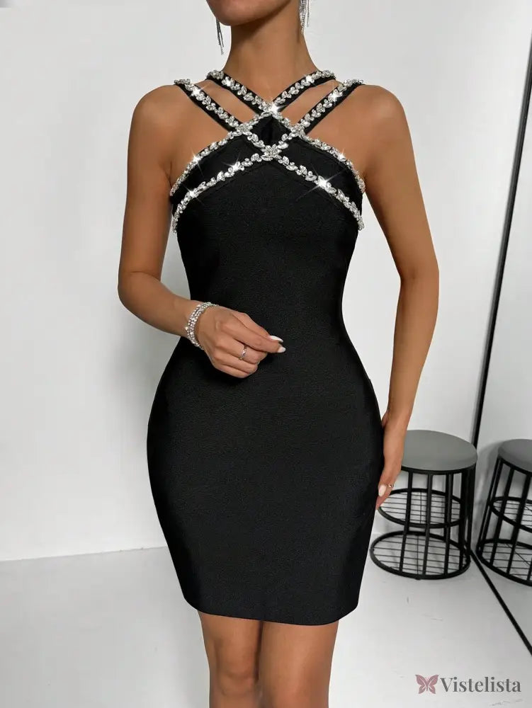 Vestido Curto Com Alças Cruzadas E Pedraria Brilhante Vestido Curto Com Alças Cruzadas E Pedraria Brilhante