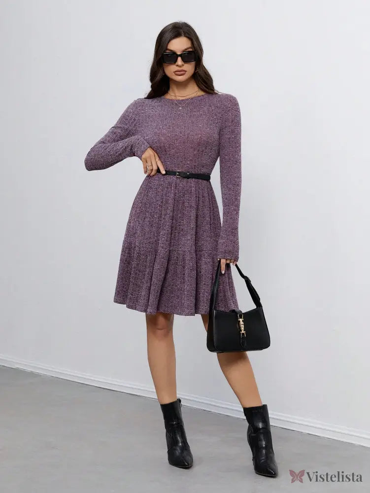 Vestido Curto De Manga Longa Com Cinto E Saia Rodada Vestido Curto De Manga Longa Com Cinto E Saia Rodada