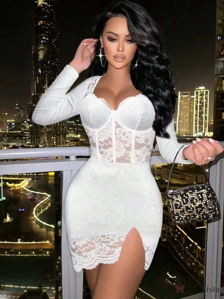 Vestido Curto De Renda Manga Longa Com Transparência Elegante Vestido Curto De Renda Manga Longa Com Transparência