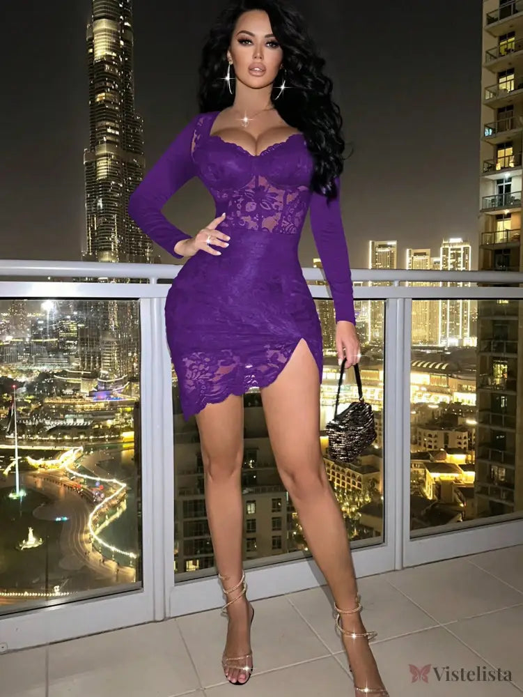 Vestido Curto De Renda Manga Longa Com Transparência Elegante Vestido Curto De Renda Manga Longa Com Transparência