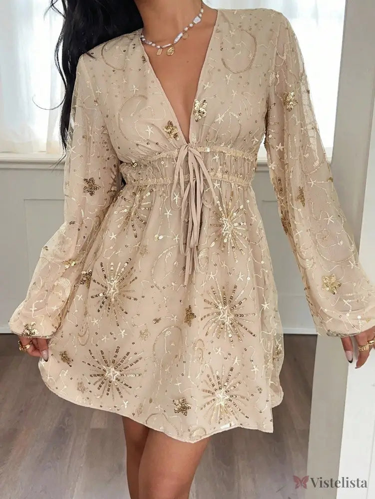 Vestido Curto Decote V Com Manga Longa E Bordado Brilhante Vestido Curto Decote V Com Manga Longa E Bordado Brilhante