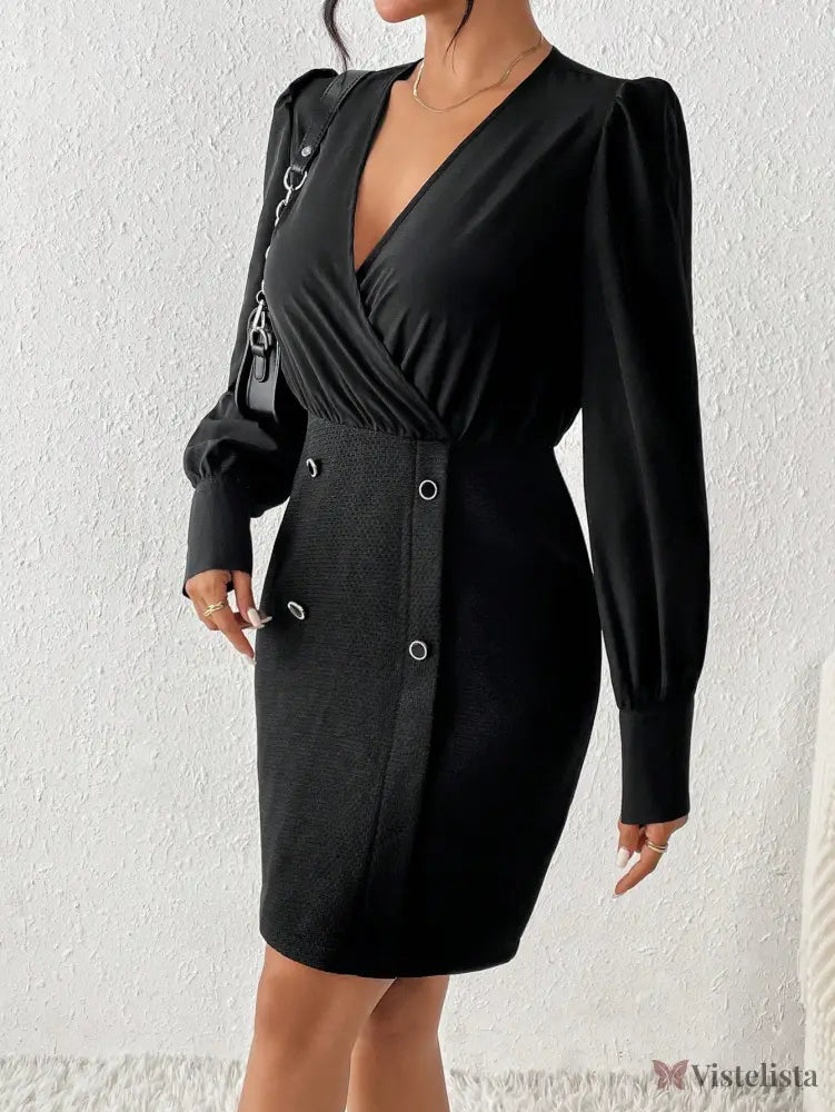 Vestido Curto Elegante Decote V Transpassado Manga Longa Vestido Curto Elegante Decote V Transpassado Manga Longa