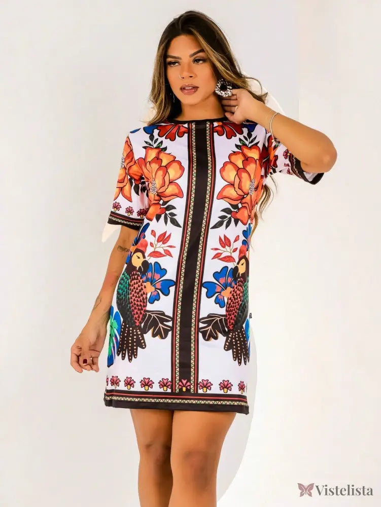 Vestido Curto Estampado Colorido Mangas Curtas Vestido Curto Estampado Colorido Mangas Curtas