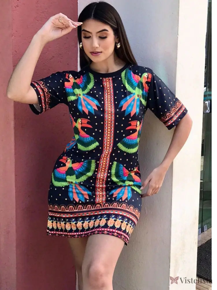 Vestido Curto Estampado Colorido Mangas Curtas Vestido Curto Estampado Colorido Mangas Curtas