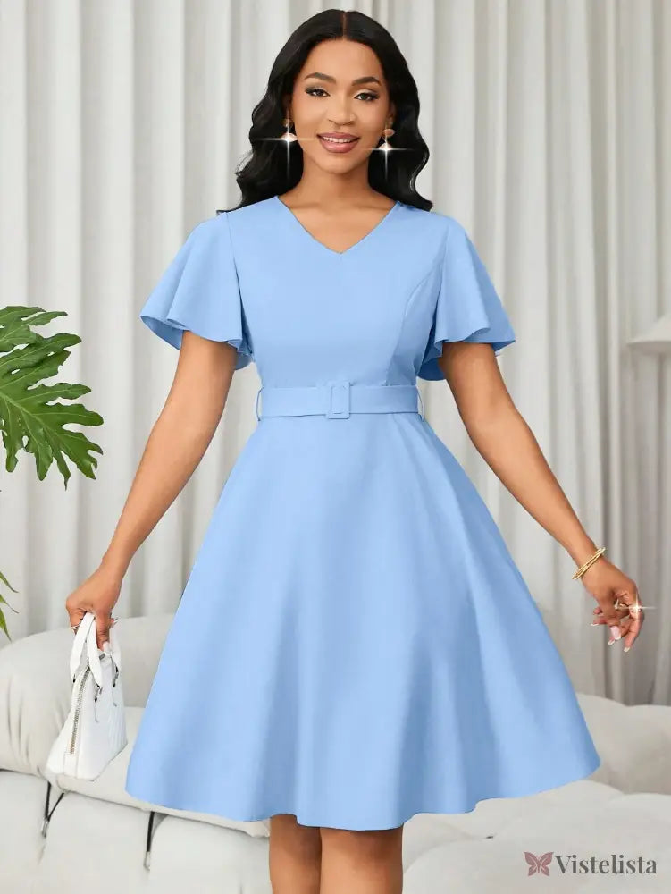 Vestido Curto Evasê Decote V Com Cinto E Manga Flare Vestido Curto Evasê Decote V Com Cinto E Manga Flare