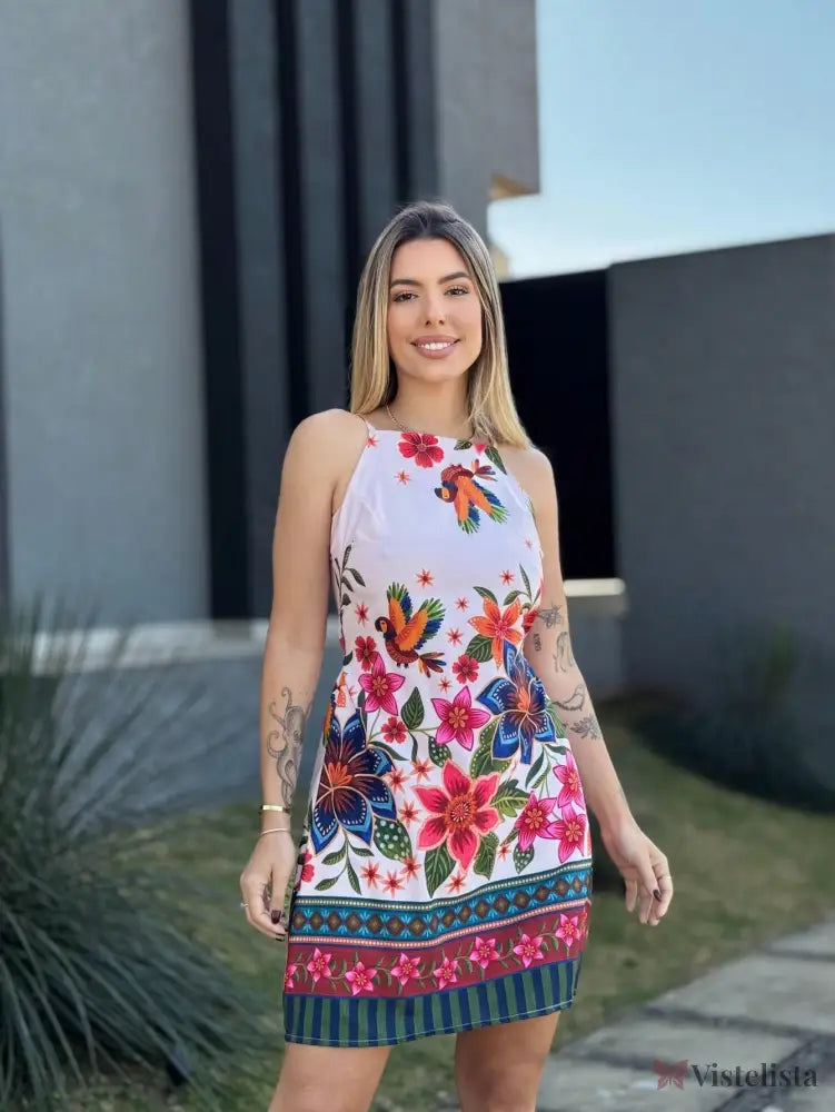 Vestido Curto Evasê Estampado Floral Com Alças Finas Vestido Curto Evasê Estampado Floral Com Alças Finas