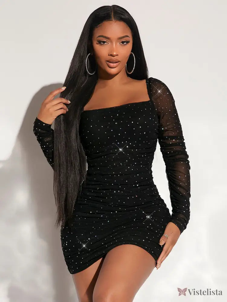 Vestido Curto Festa Manga Longa Transparente Com Brilho Preto / PP Vestido Curto Festa Manga Longa Transparente Com