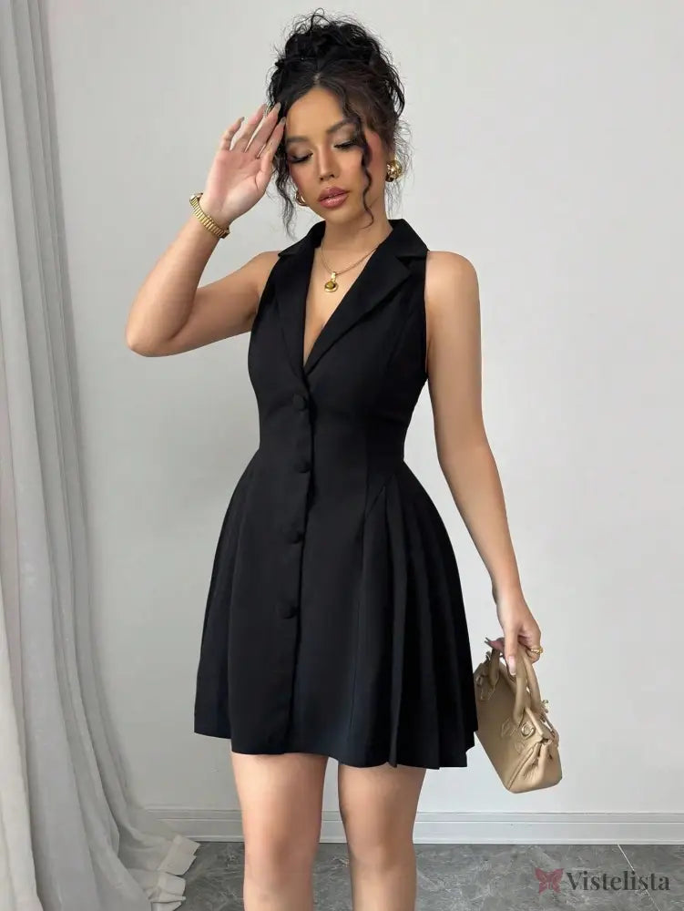 Vestido Curto Preto Sem Manga Com Gola Social E Botões Vestido Curto Preto Sem Manga Com Gola Social E Botões